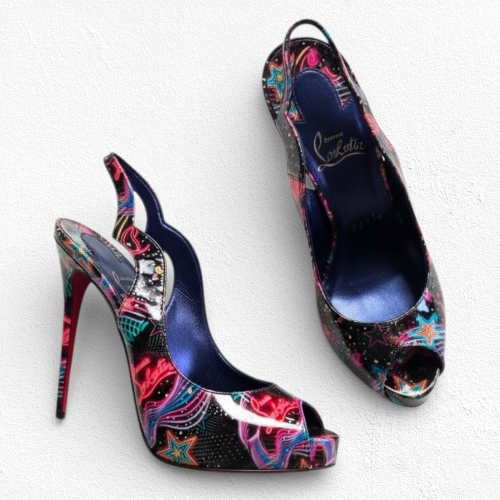 Christian Louboutin Lady Peep Sling 120 Platform Peep Toe Cosmic Print Heels 36
